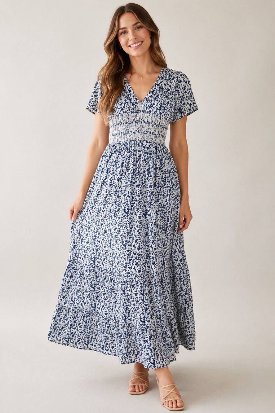 Piper & Scoot Blue White Floral Smocked Maxi Dress Women’s Size S